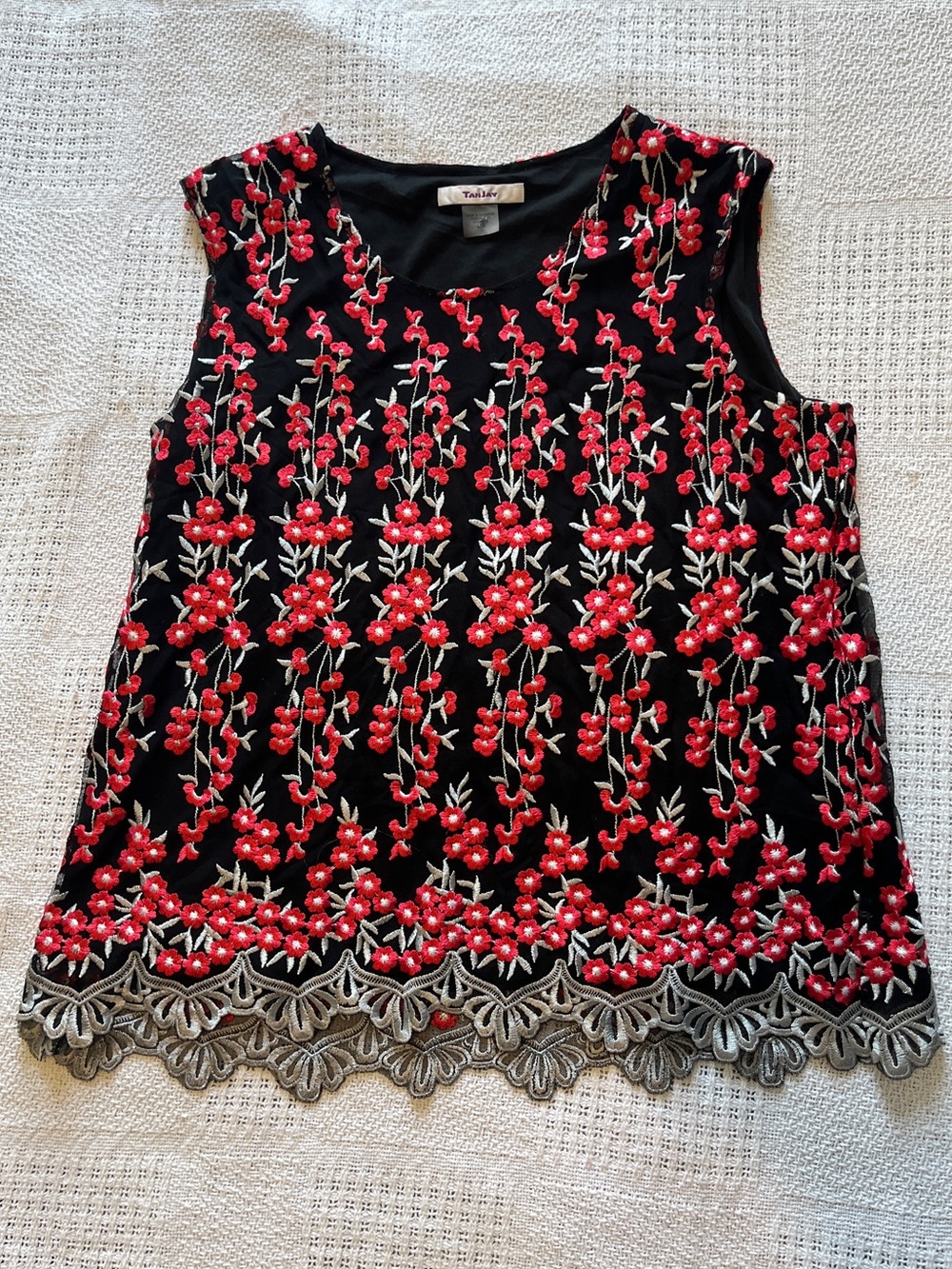 TanJay Black Camisole with Red Floral Embroidery